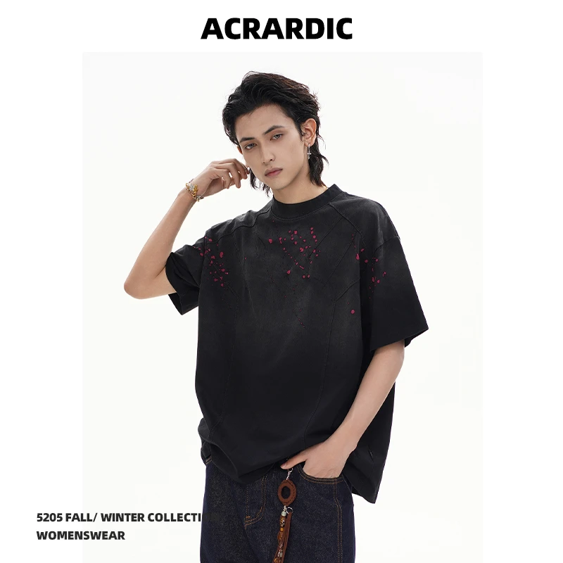 ACRARDIC2025短版破碎设计感T恤男高街潮牌vibe痞帅水洗渐变短袖