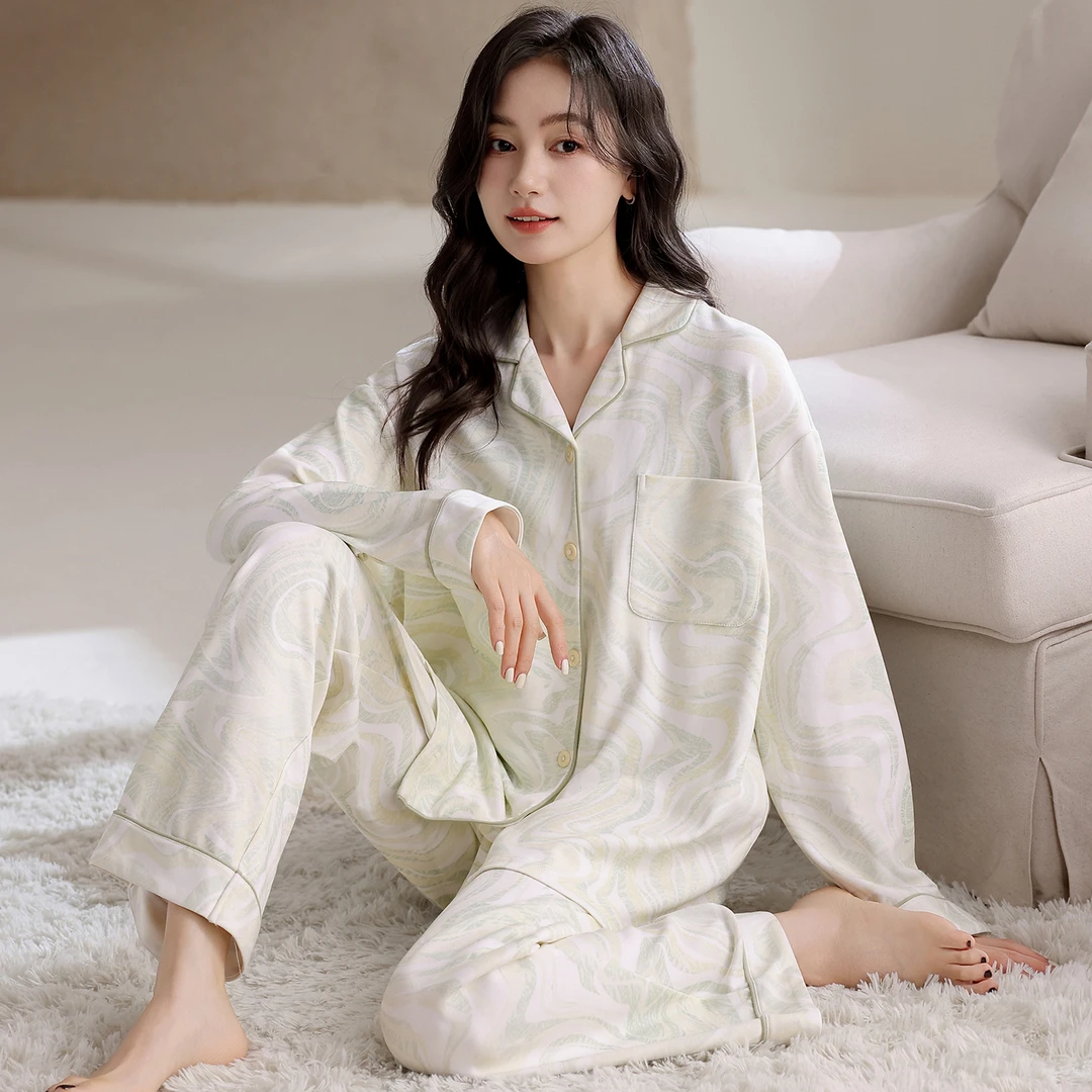 新款莉莉家女士纯棉简约涂鸦开衫长袖长裤睡衣家居服套装可外穿