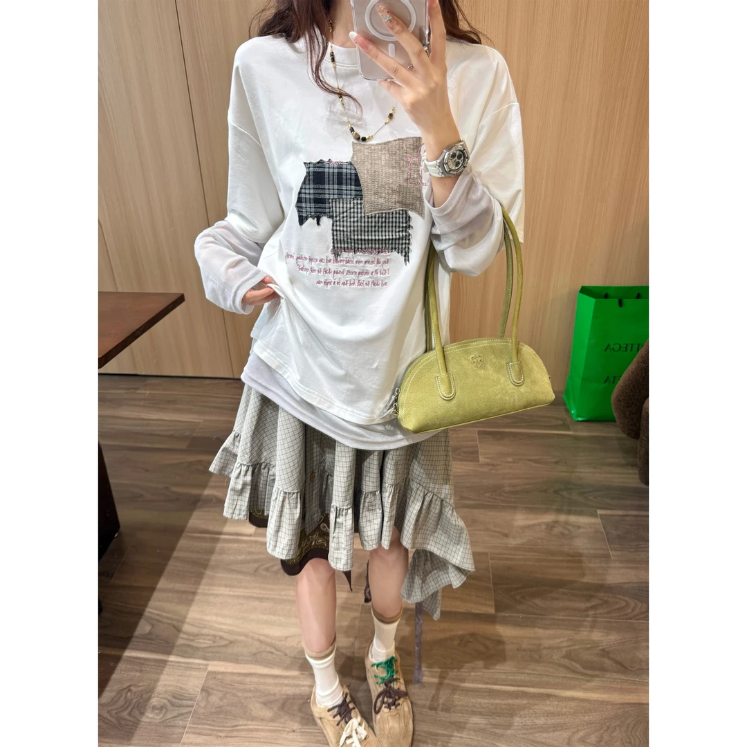 谢荞荞「层次叠布」夏季新款拼接假两件网纱贴布绣百搭T恤短袖上衣