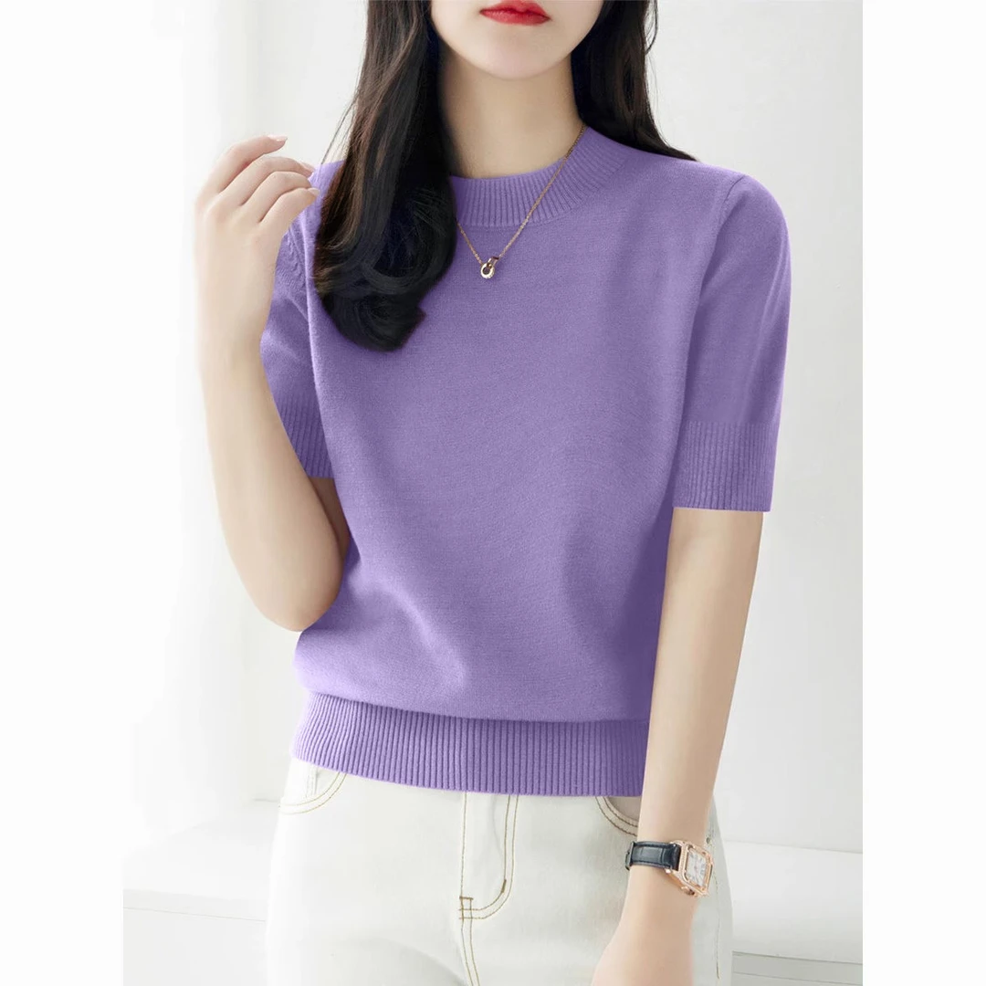 【30天热销3388件】高级紫色圆领短袖针织衫女装2025春夏新款修身正