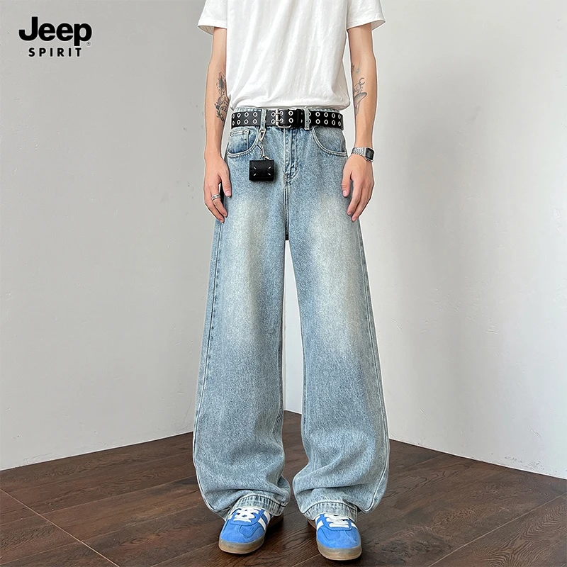 JEEPSPIRIT吉普水洗秋季复古男复古弯刀牛仔裤百搭阔腿裤直筒裤子