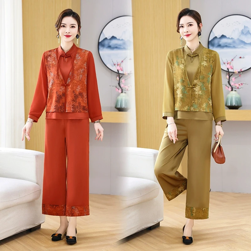 中年妈妈春装套装洋气高贵小衫中老年女装春秋上衣夏季新中式国风