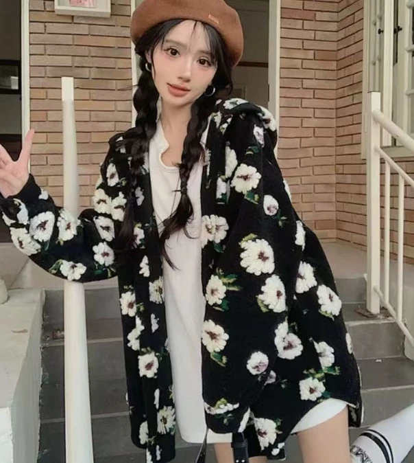 【卿卿日常专属】山茶花立体毛巾绣手工钩花毛呢外套洋气百搭外套