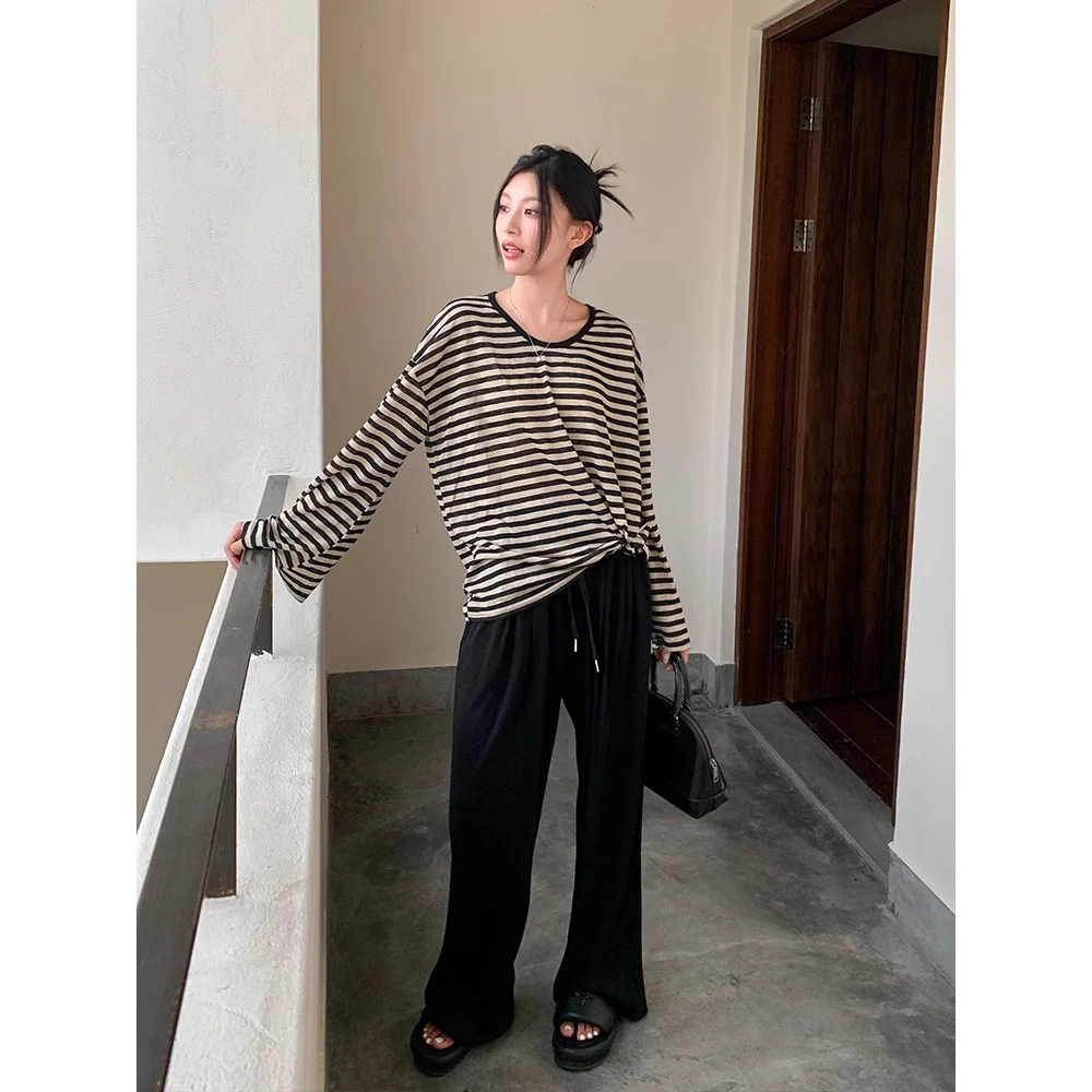 VUMP 慵懒风条纹长袖上衣U领宽松防晒衫薄款外搭罩衫上衣春夏新款