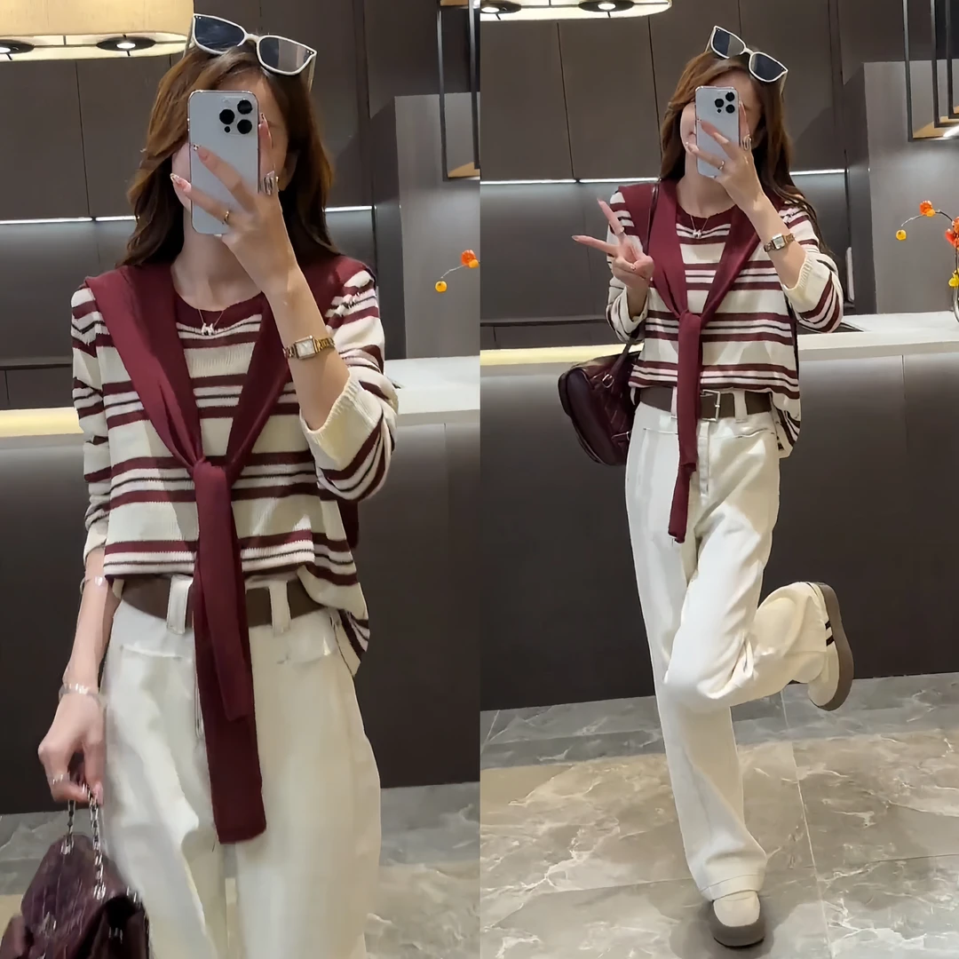 秋冬新款圆领条纹撞色带披肩长袖针织衫韩版显瘦套头毛衣打底上衣