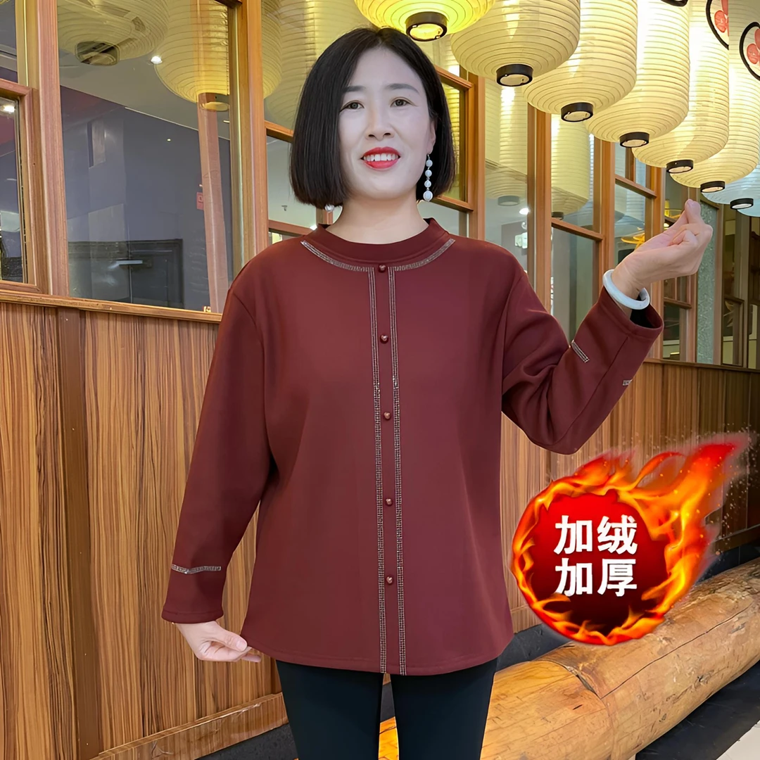 冬季加绒加厚新款妈妈装简约保暖圆领上衣