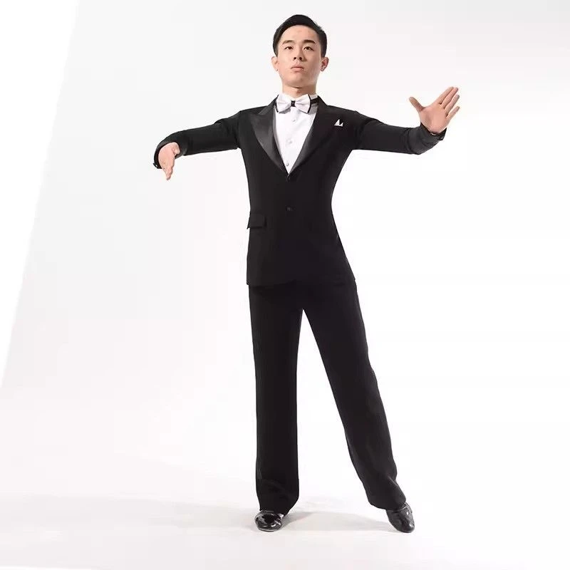 定制男士摩登舞国标舞单排扣西装枪驳领色丁领6件套进口弹力