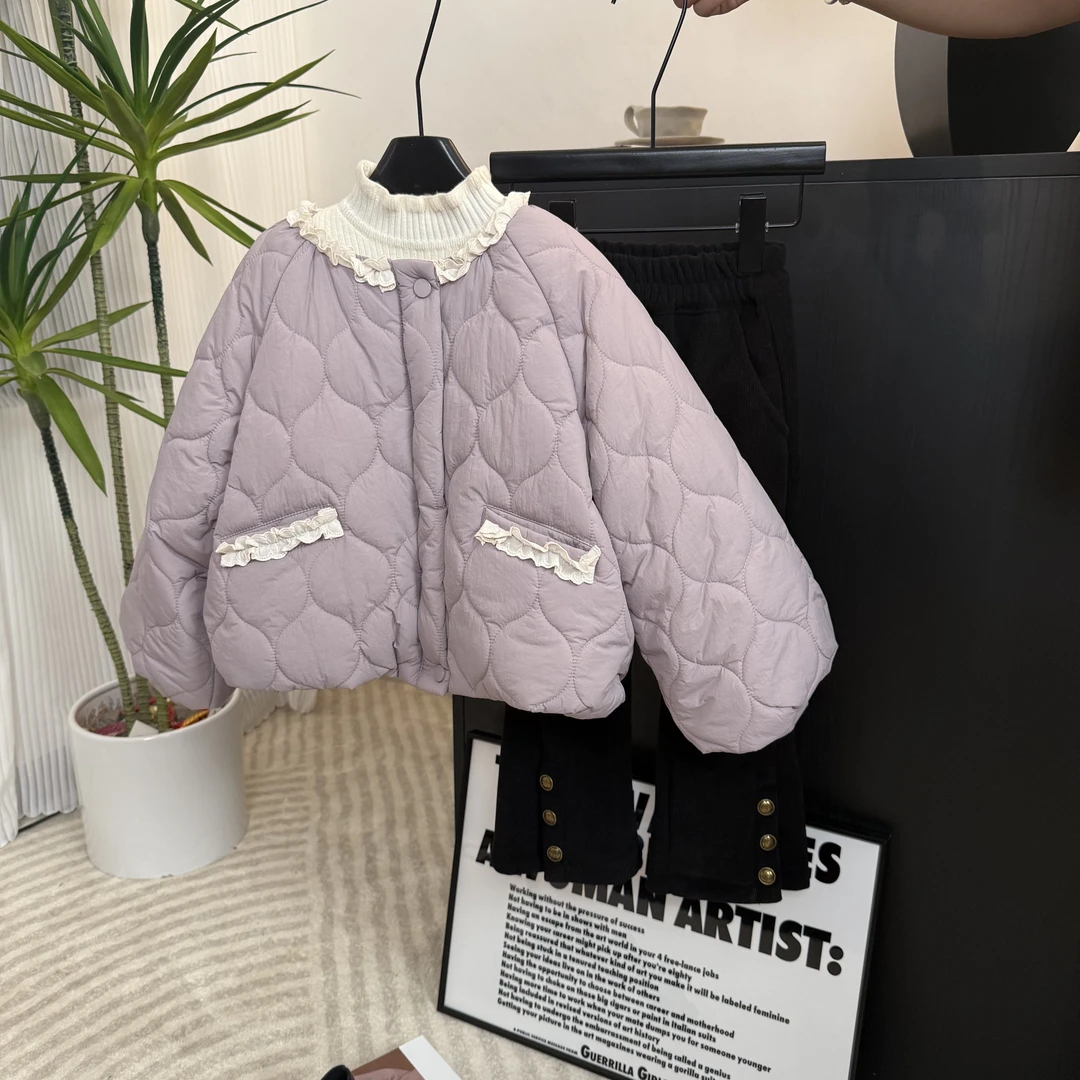 HANBAN-女童棉服秋冬款2025-冬季新款儿童紫色棉服百搭面包款棉服