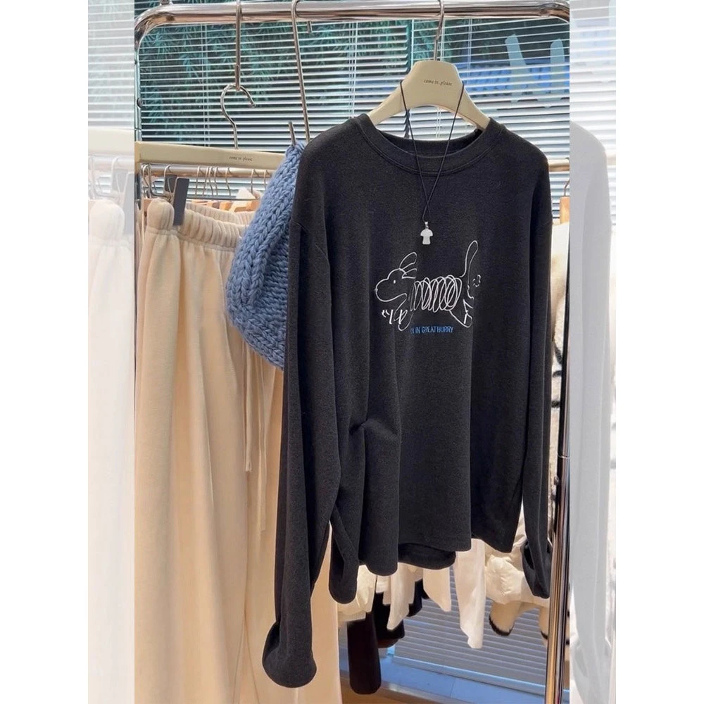 秋季大码胖mm200斤宽松长袖t恤女美式复古2025新款百搭打底衫