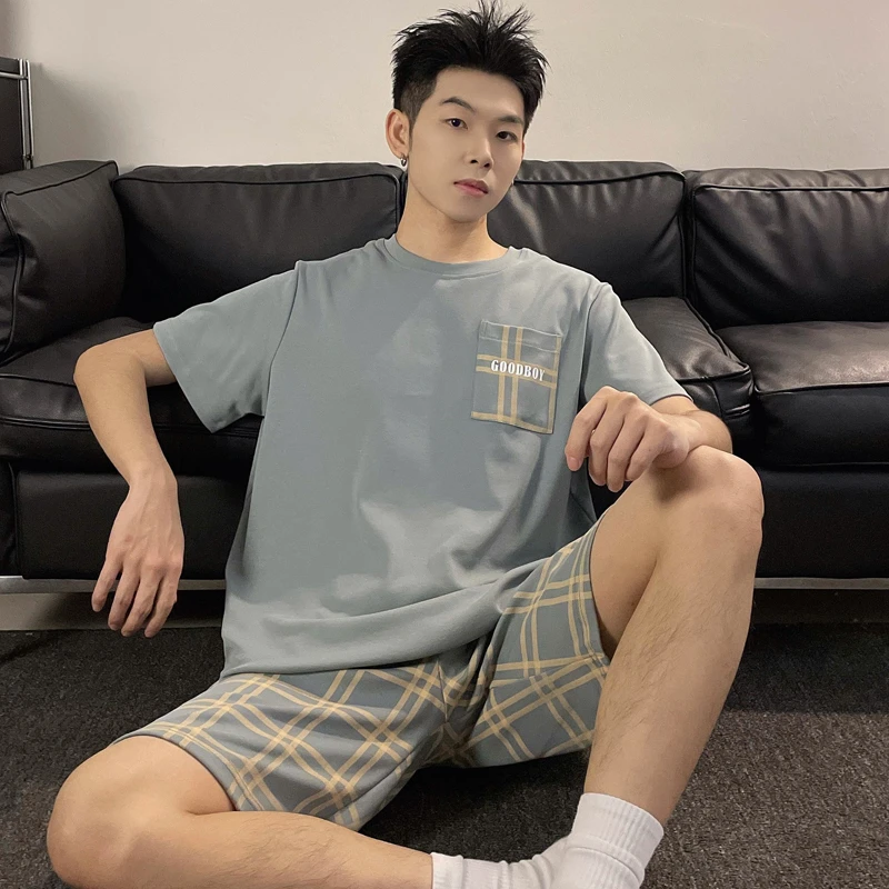 夏季男士短袖睡衣套装大码夏天家居服薄款可外穿韩版学生格子休闲