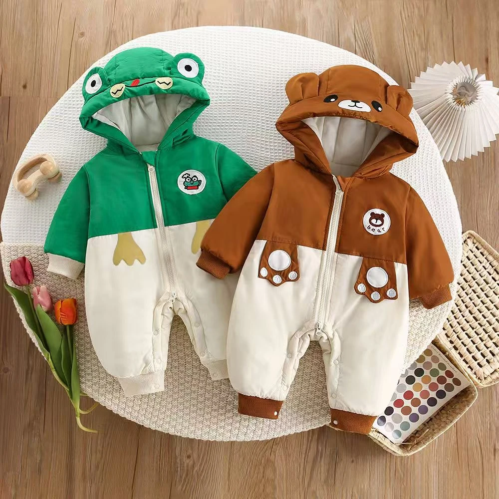 【加棉】冬季新款卡通连帽撞色保暖可爱男女宝宝婴幼儿童装哈衣