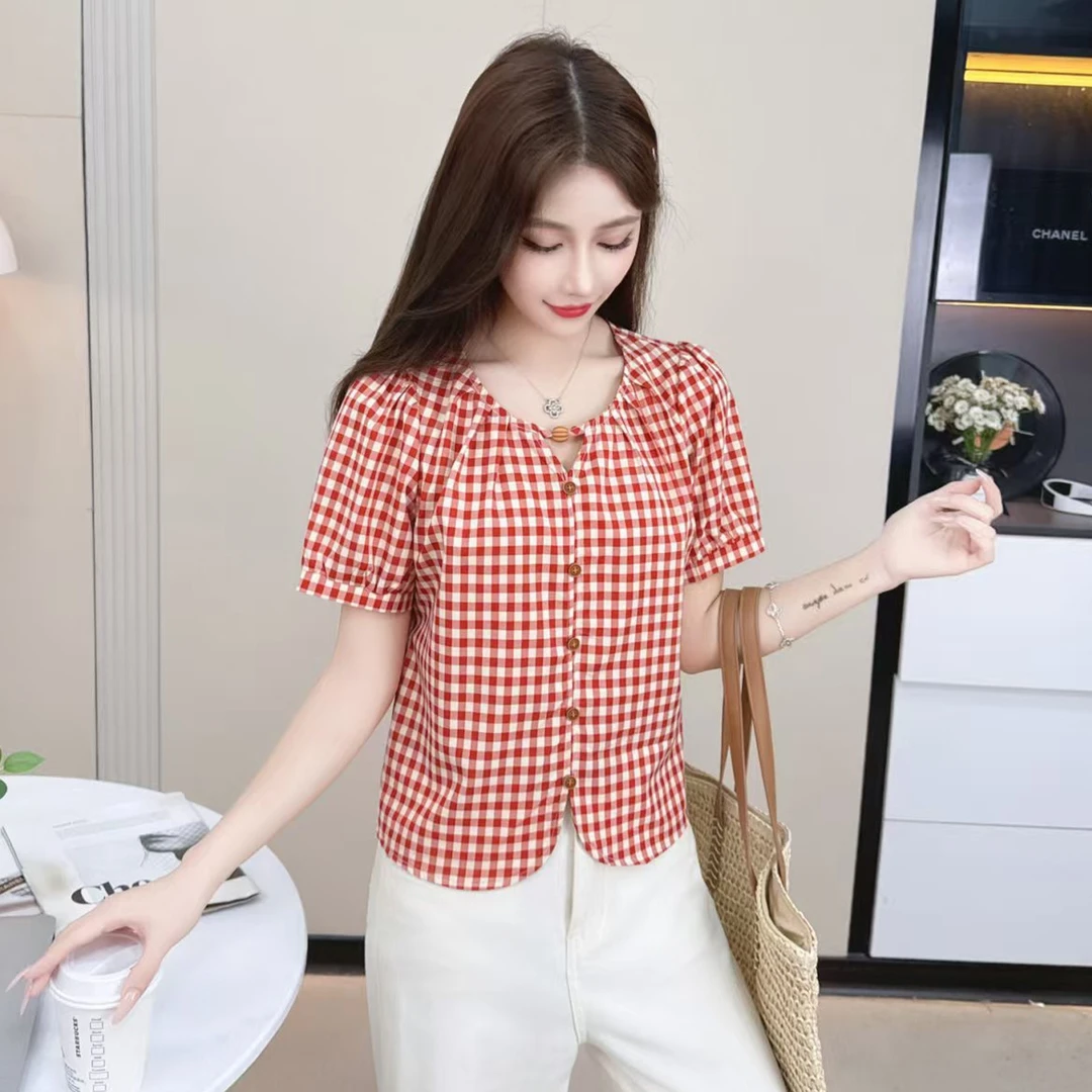 短款短袖格子拼接衬衫修身显瘦夏季凉爽洋气上衣泡泡袖气质小衫潮