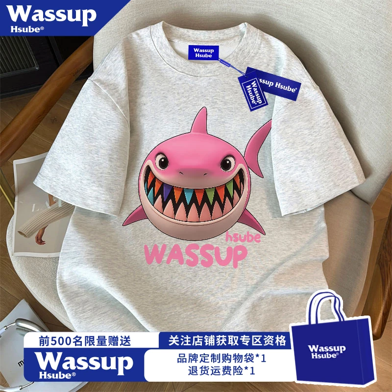 WASSUP HSUBE夏季男个性百搭纯棉短袖趣味鲨鱼印花白灰色上衣服