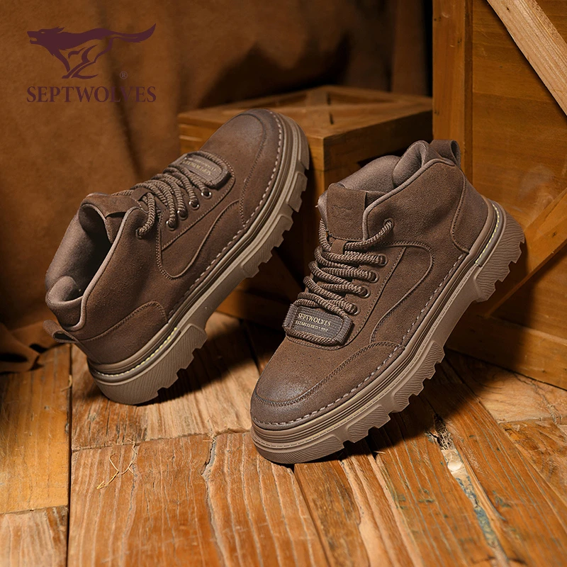 七匹狼男鞋2025新款秋冬季单色高帮皮鞋休闲板鞋潮流软底马丁靴男