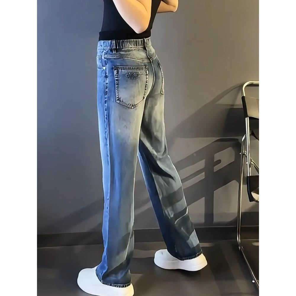 轻奢男装大码潮牌男士欧货时尚新款休闲直筒设计感牛仔裤宽松长裤