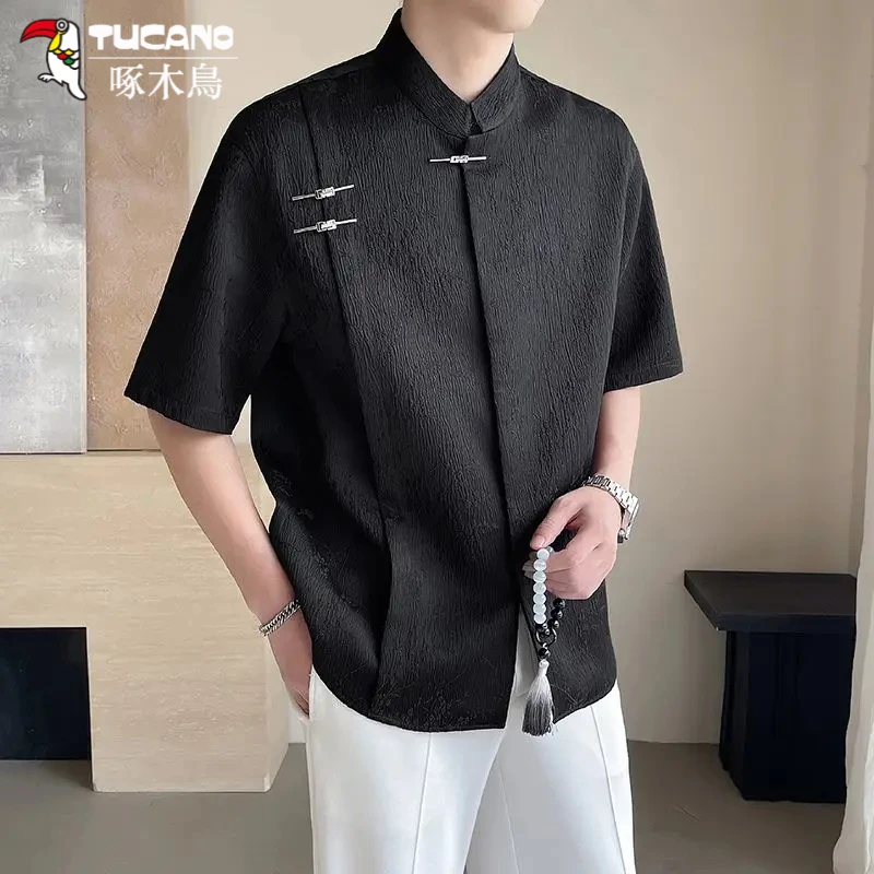 啄木鸟睡衣夏季新中式盘扣提花短袖衬衫男士2025新款宽松上衣百搭