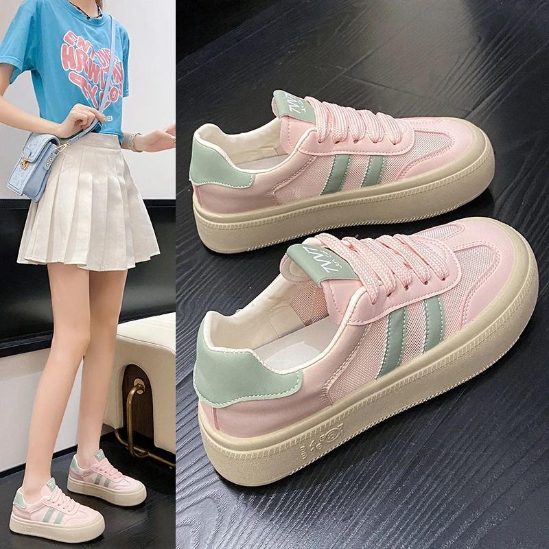 2025新款夏季透气休闲板鞋女鞋透气学生爆款厚底百搭网面平底鞋子