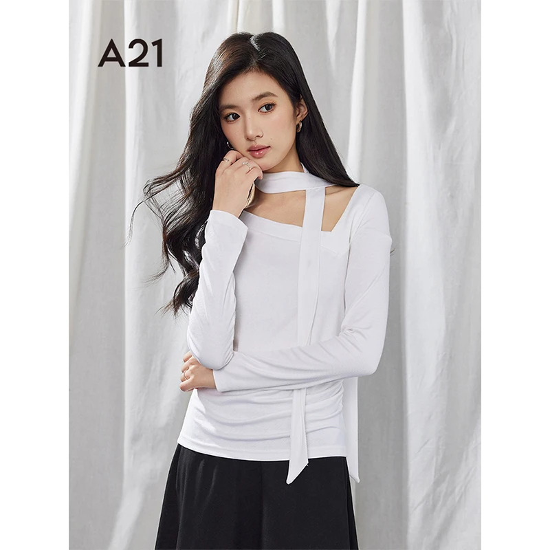 A21女装针织修身V领落肩长袖T恤F451231030
