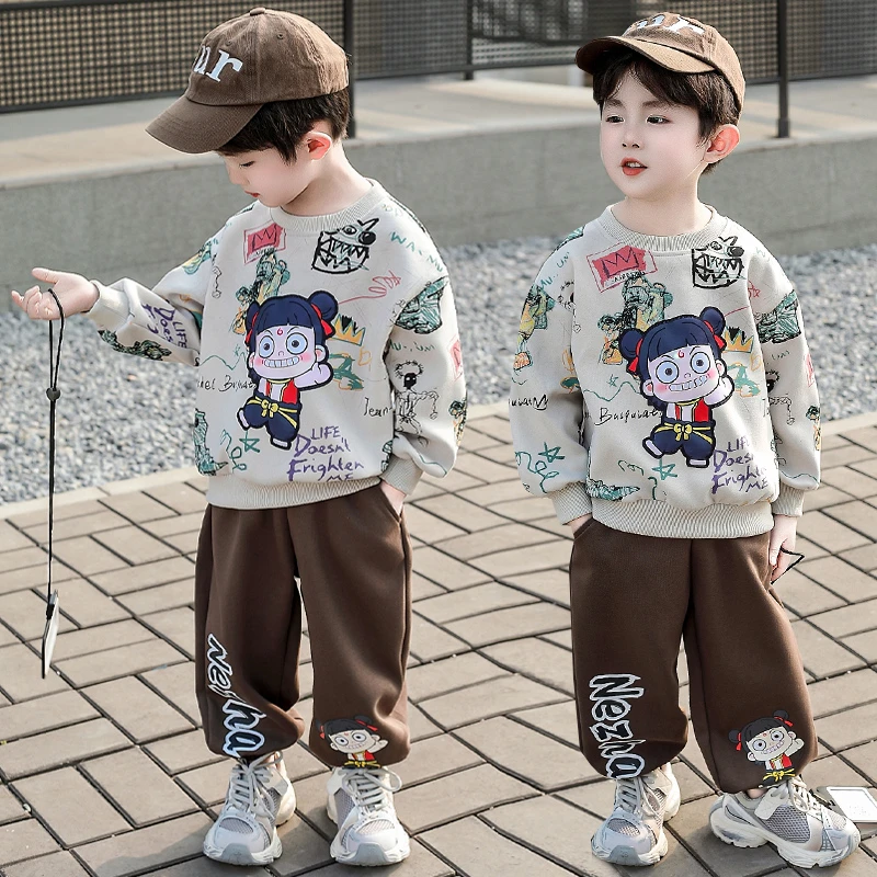 哪吒衣服男童春装套装2025新款春秋款帅气男宝宝卡通卫衣两件套潮