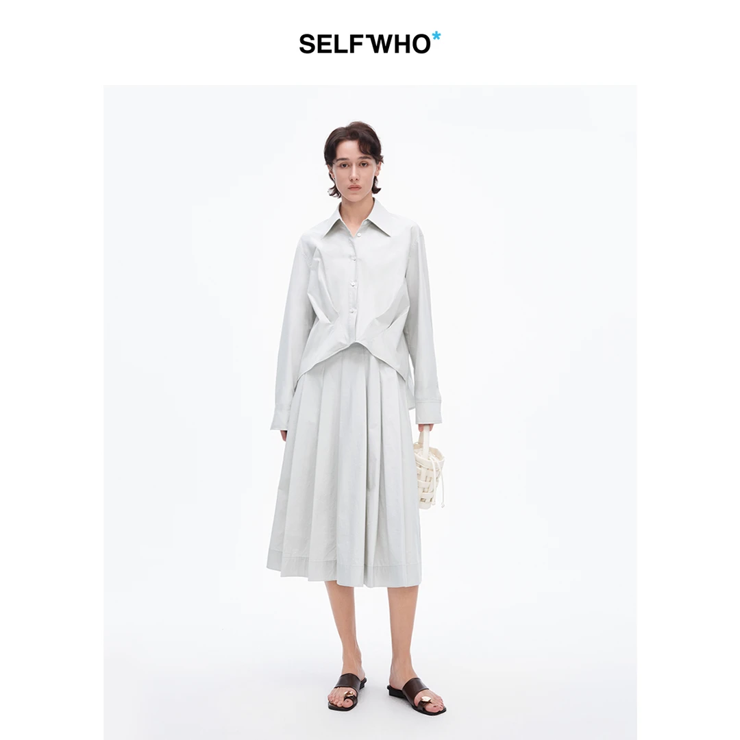 SELFWHO纯棉衬衫女2025年春季百搭通勤宽松薄款透气前短后长衬衣