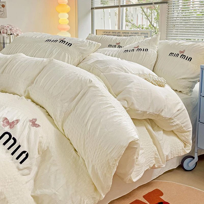 泡泡纱四件套2025新款蝴蝶刺绣被套被罩床单人宿舍三非全棉纯棉4#