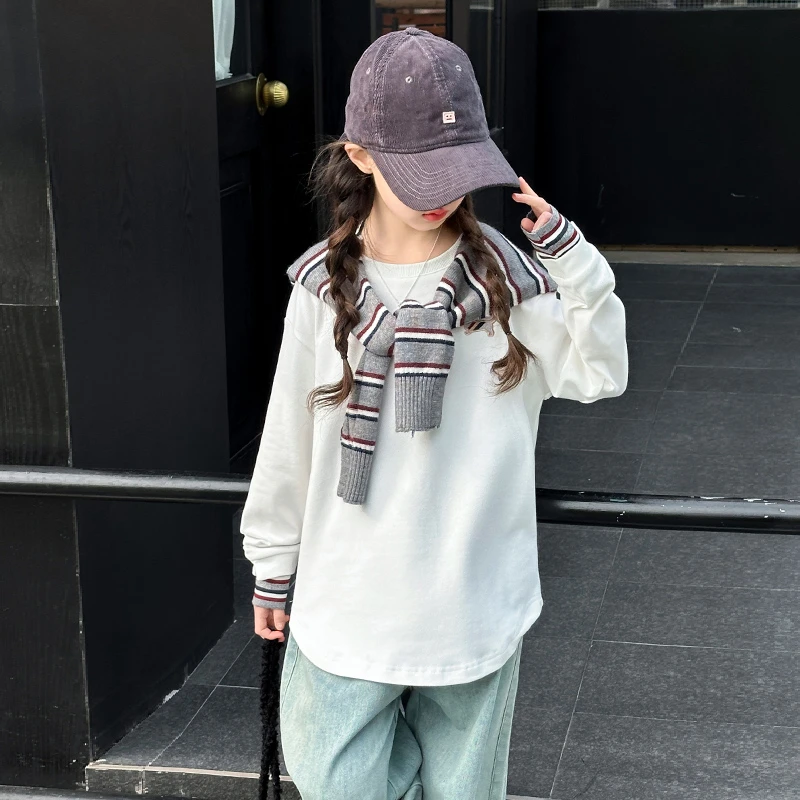 女童春款长袖白色T恤2025中大童新款女孩上衣韩版初中生打底衫潮