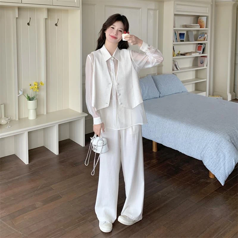 减龄氛围感气质白色衬衫阔腿裤套装女夏2025新款松弛感穿搭两件套