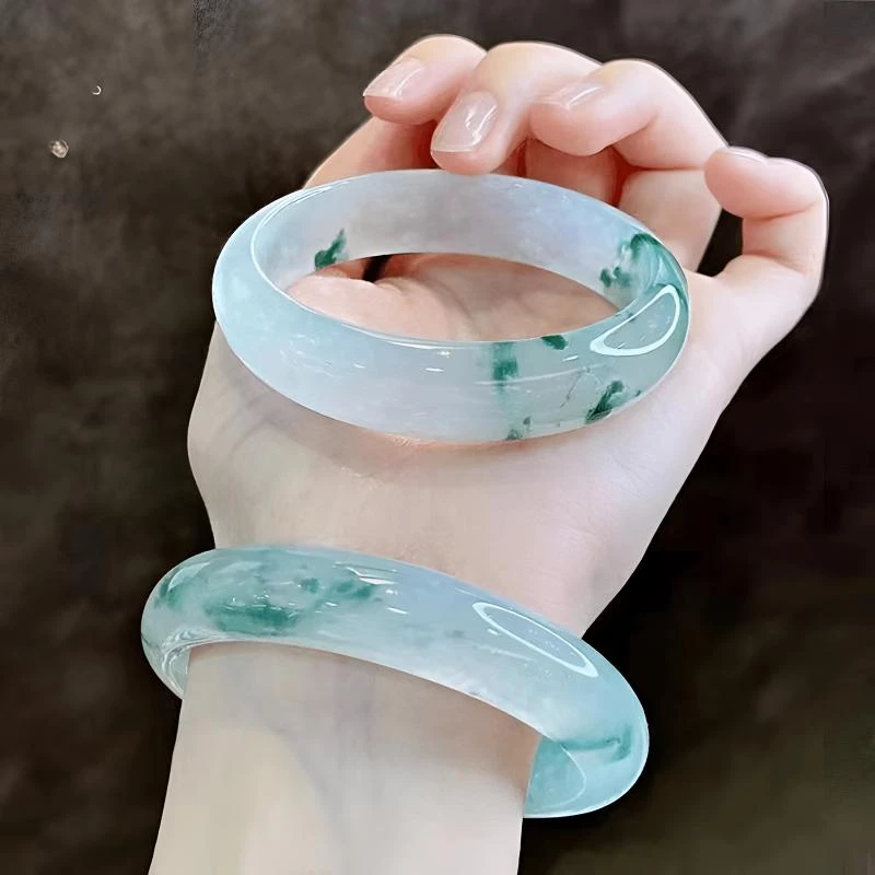 冰透飘花飘绿女款手镯冰透百搭气质飘花少女高冰时尚飘绿手镯