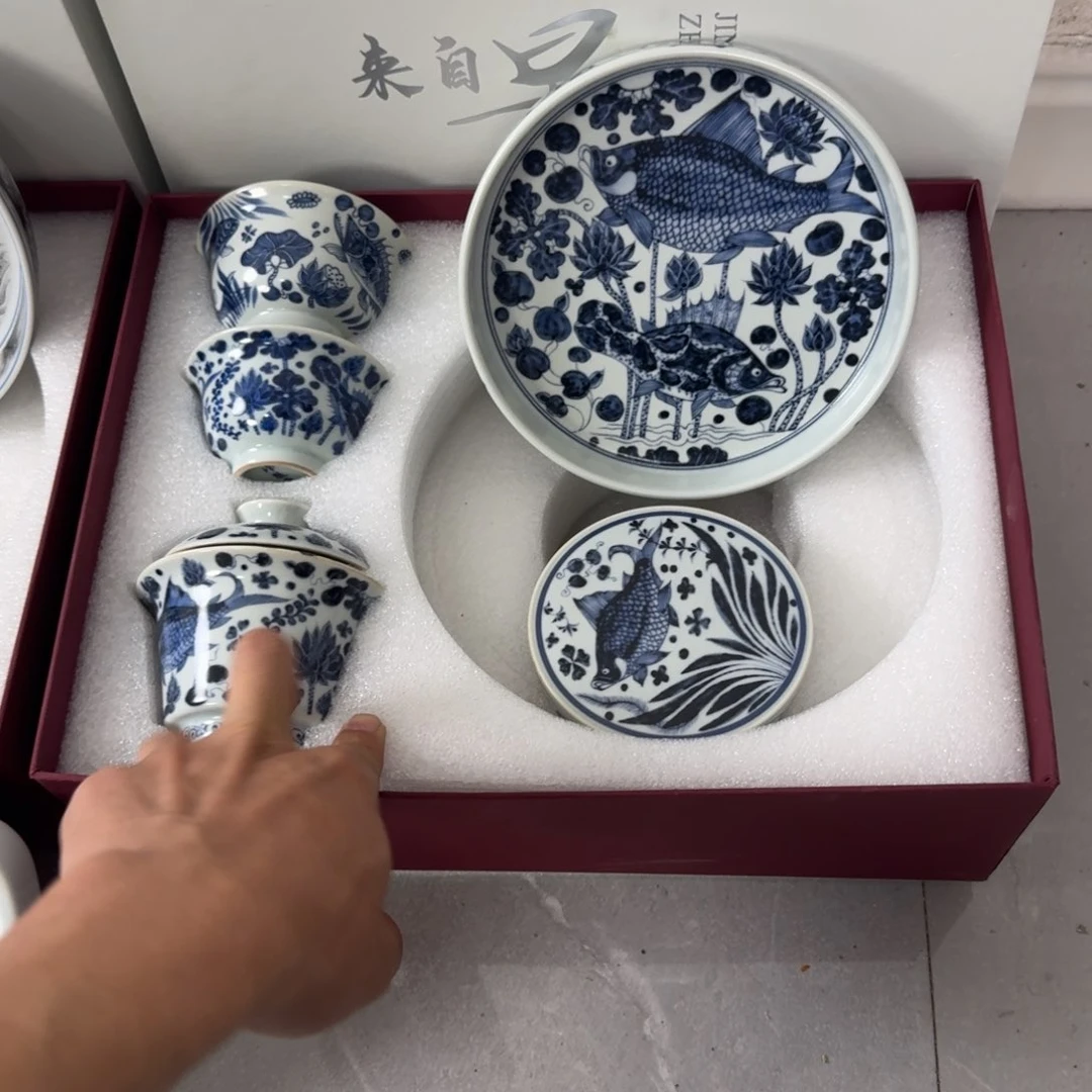 摆件1****6青花鱼藻纹六件套一个大压手两个客杯