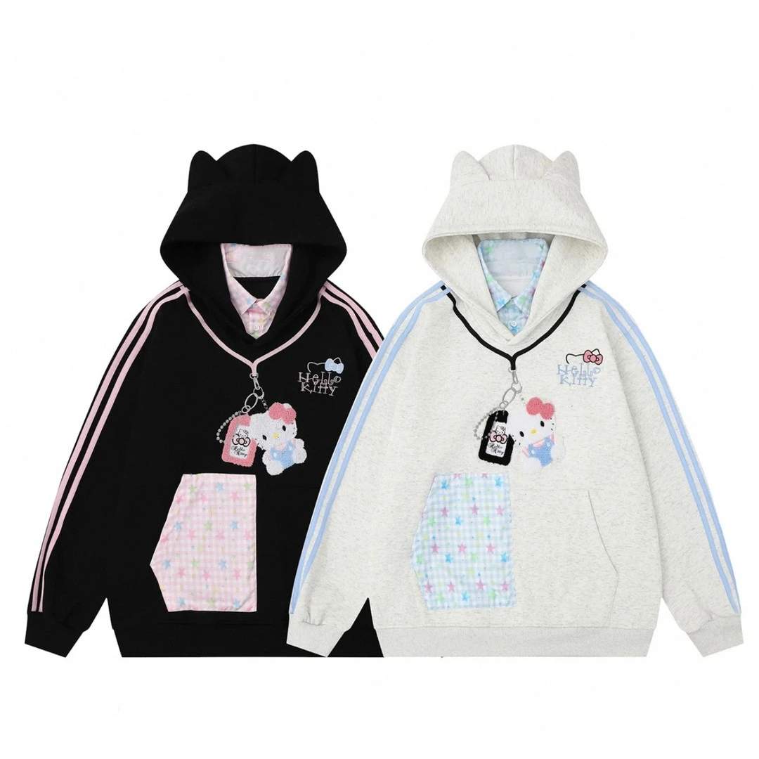 kitty猫刺绣假两件连帽卫衣女秋冬宽松慵懒风设计感小众套头外套