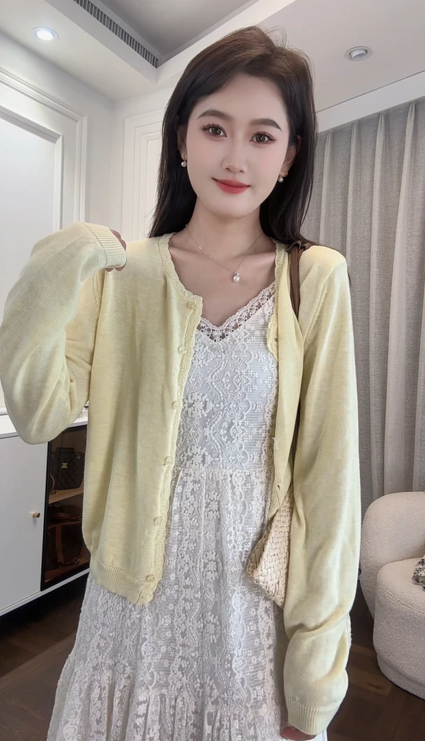 春夏新款花边领单排扣针织上衣软糯舒适百搭遮肉显瘦