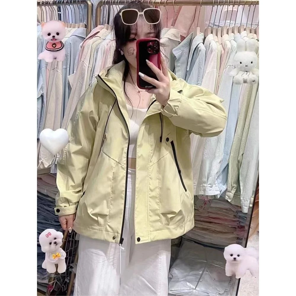 连帽冲锋衣外套女秋冬新款韩版纯色宽松休闲百搭抽绳短款夹克上衣