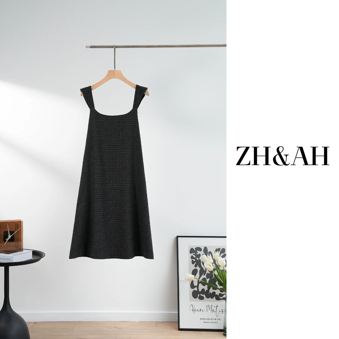 ZH&AH【伦敦的冬】秋冬新款时尚气质设计感绵羊毛混纺灰格背心裙