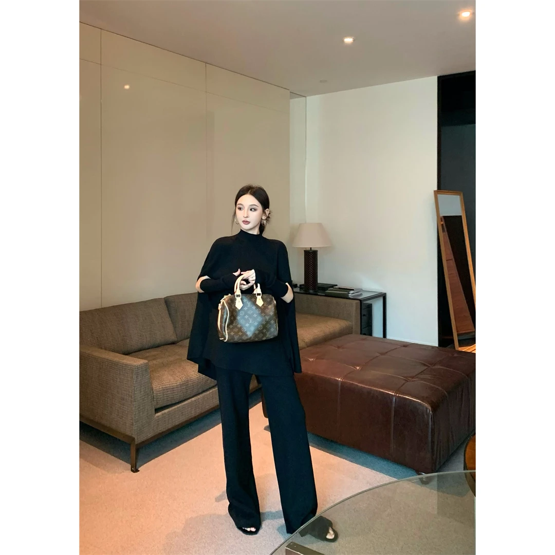 复古气质慵懒宽松黑色网红针织毛衣上衣高腰长裤套装秋冬显瘦秋季