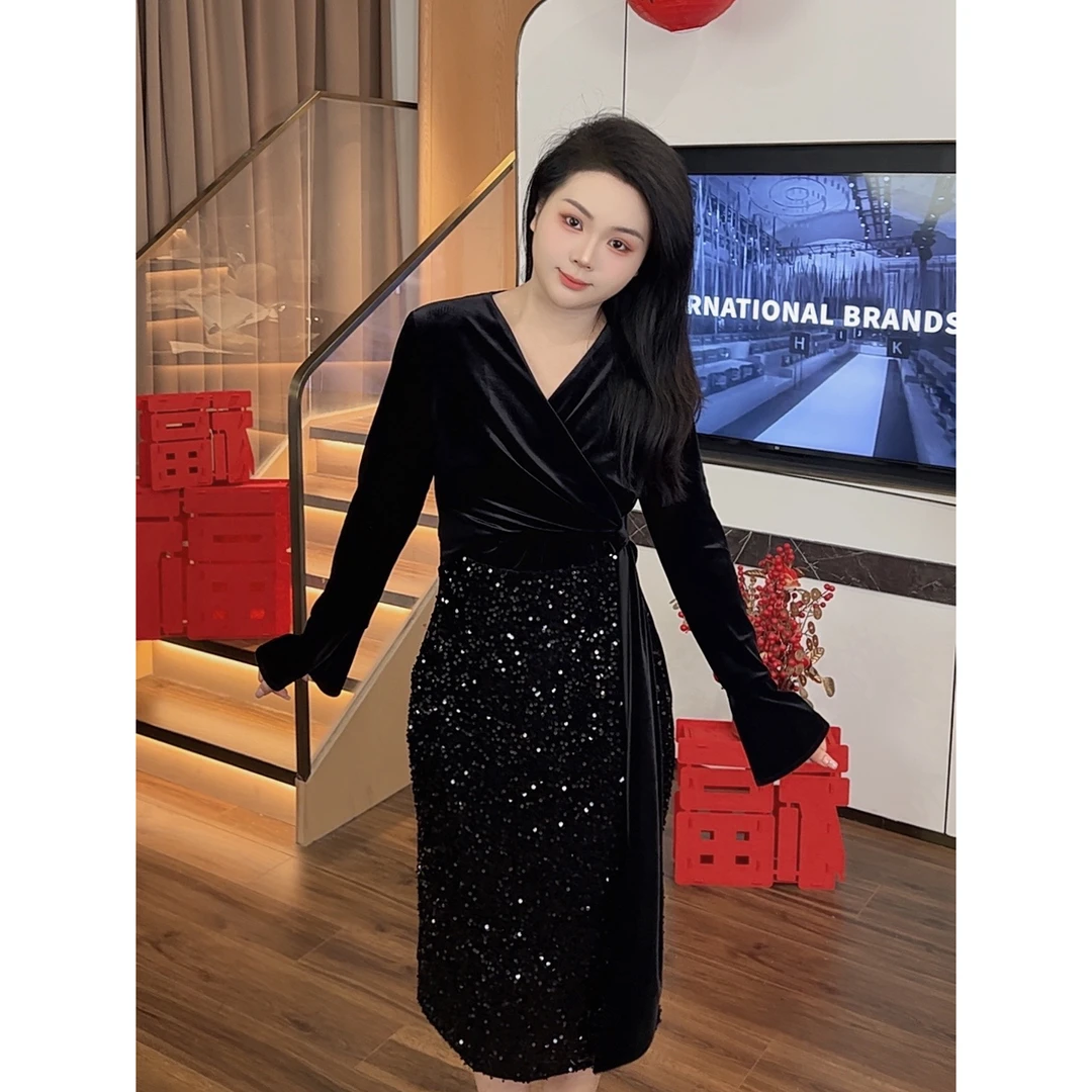 微胖秋冬长裙子【DM263】时尚法式遮肚气质显瘦藏肉长袖连衣裙