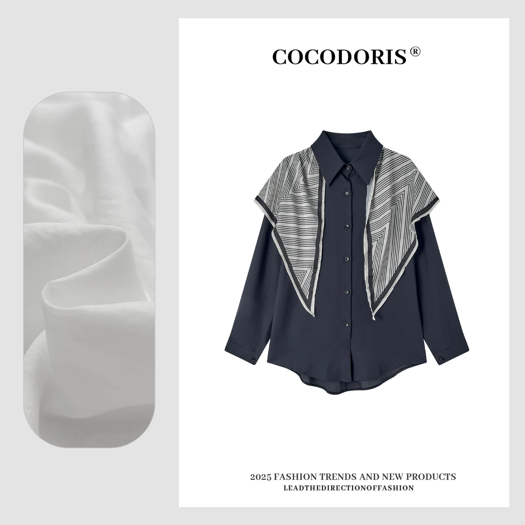 2025夏季新款丝巾纯色衬衣两件套时尚百搭上衣套装99570-丝巾