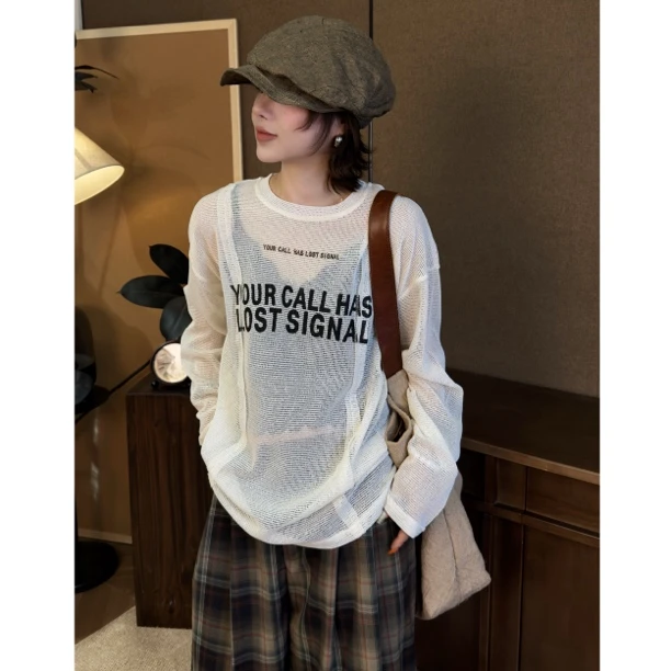 HY罗罗镂空薄款夏季字母麻感休闲T恤显瘦设计感韩版时尚百搭气质