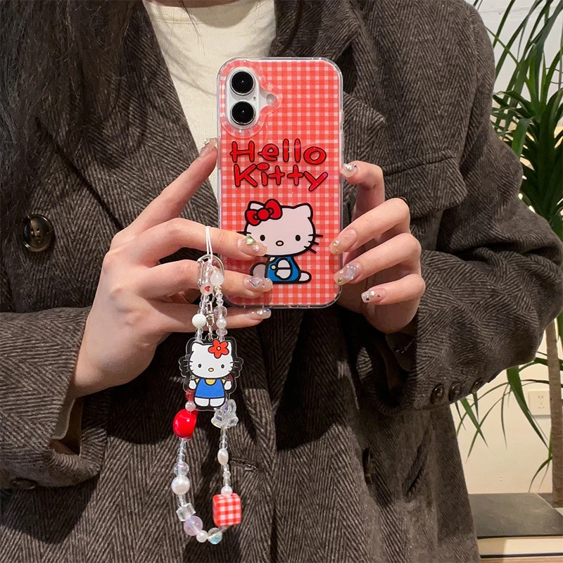 闪粉格子大头kitty猫适用苹果16promax手机壳iPhone15新款14/13