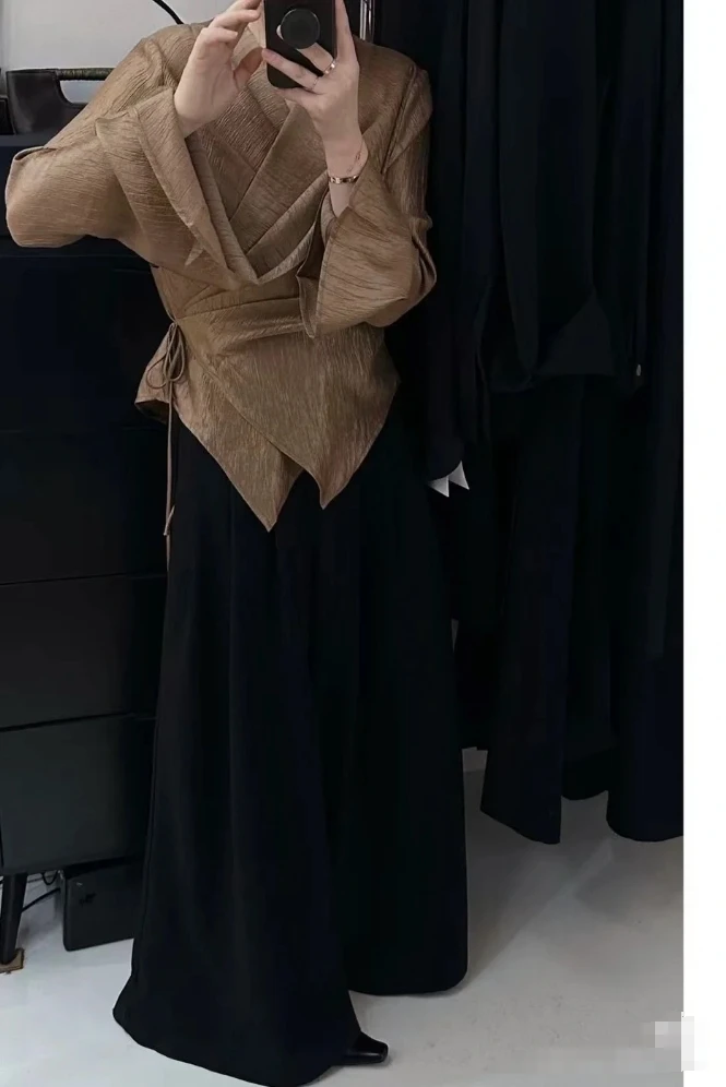 911-撤柜高级货设计感V领压褶开衫系带上衣显瘦褶皱上衣