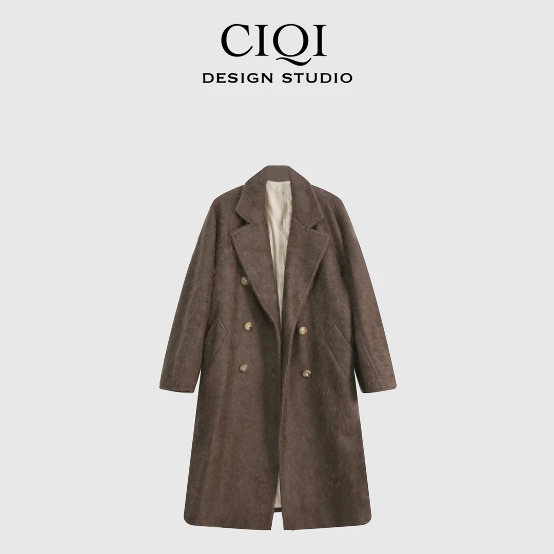 CIQI STUDIO【摩登女郎】100牦牛绒经典排扣反驳领长款大衣28B903-1