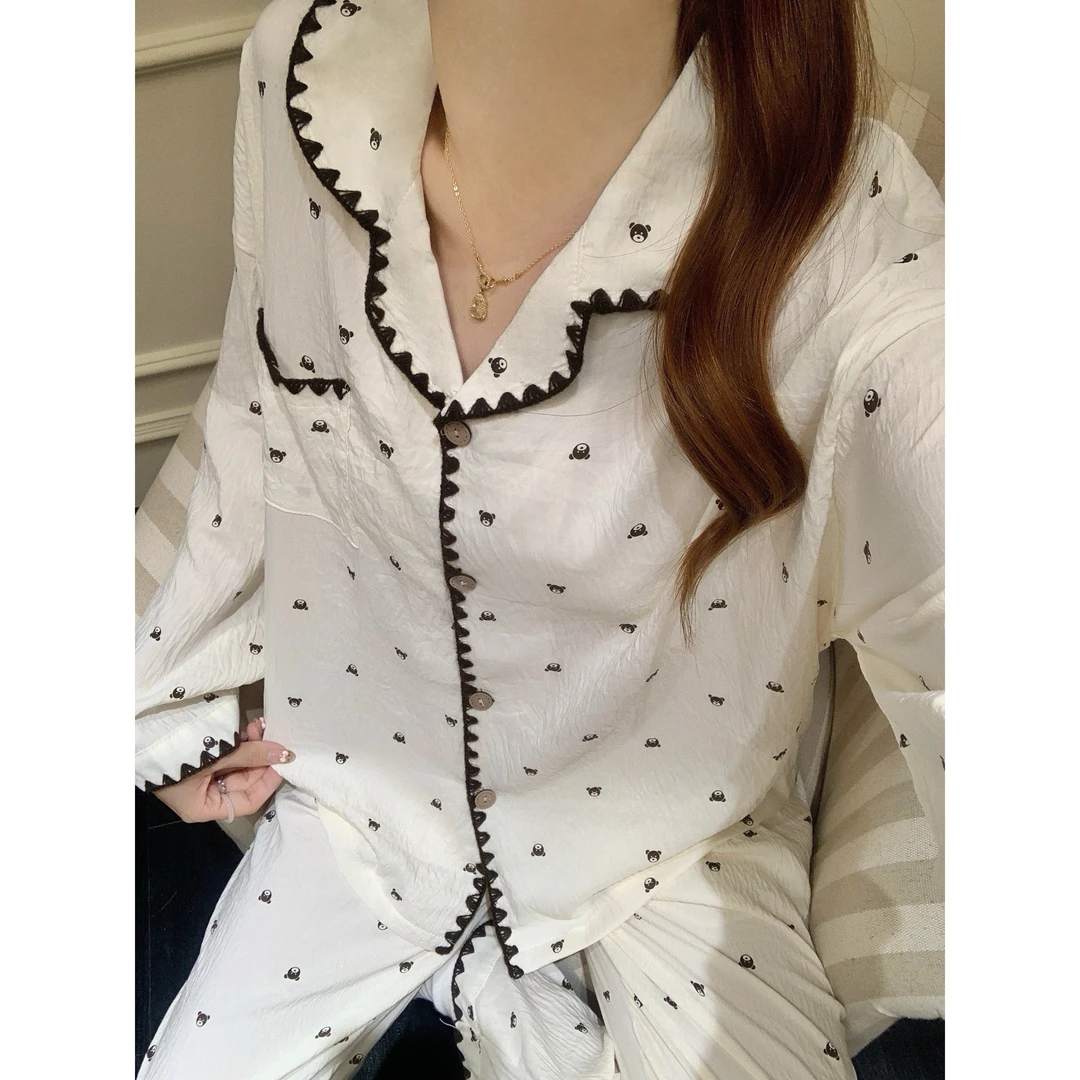 2025新款小熊印花甜美可爱衬衫女春秋季宽松翻领长袖休闲睡衣