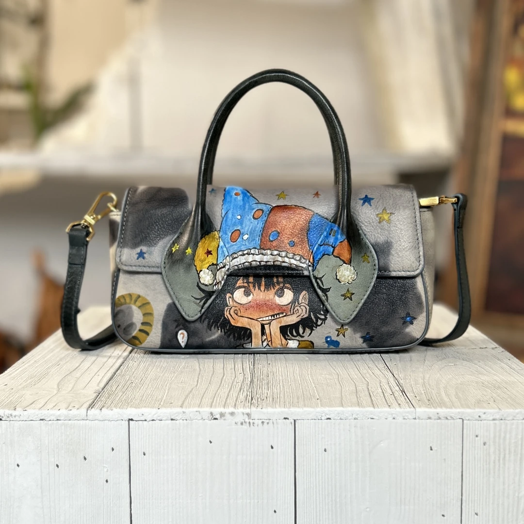 原创设计纯手工彩绘头层牛皮女包时尚斜挎包单肩手提包