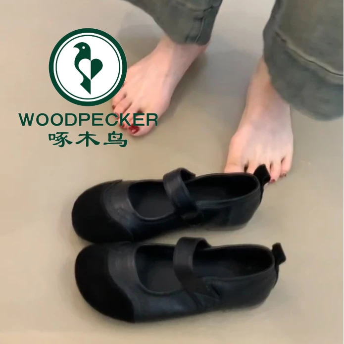 啄木鸟复古一字带舞蹈鞋魔术贴百搭玛丽珍鞋女温柔浅口平底小单鞋