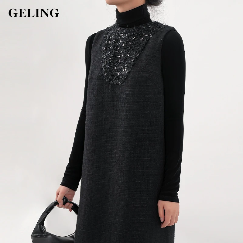 GELING/歌&玲2025新款小香风无袖连衣裙亮片拼接背心裙G512W93L