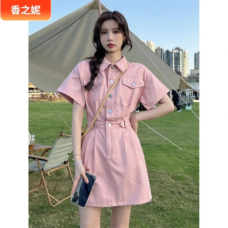 12025春夏新款斜纹感小众设计短袖连衣裙女别致收腰A字短裙子I