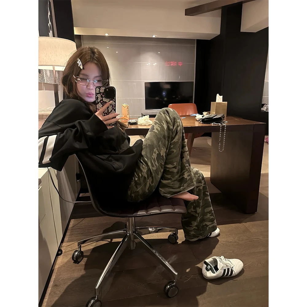 【首尔欧尼】新品杠条夹克衫薄款外套上衣+复古迷彩牛仔裤 22037#