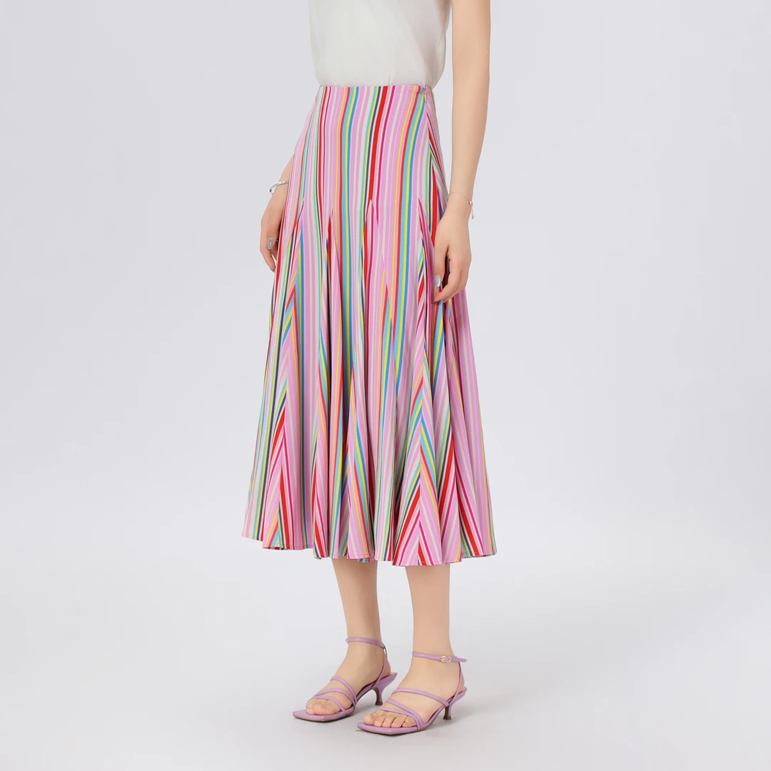 GIRDEAR/哥弟新款度假风彩虹条纹气质优雅百搭显瘦半身裙1200363