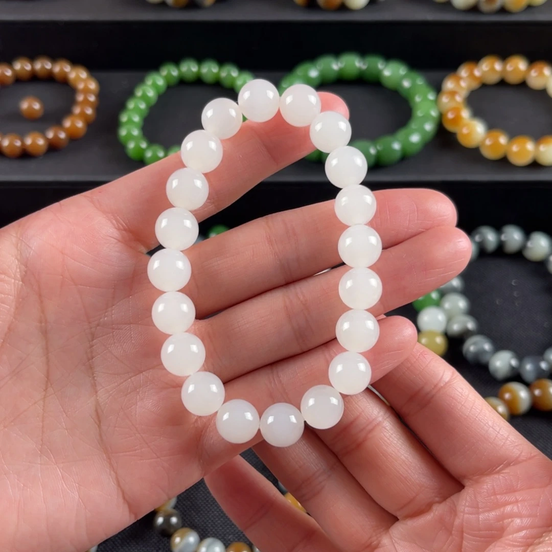 和田玉手串未镶嵌卡10青海白