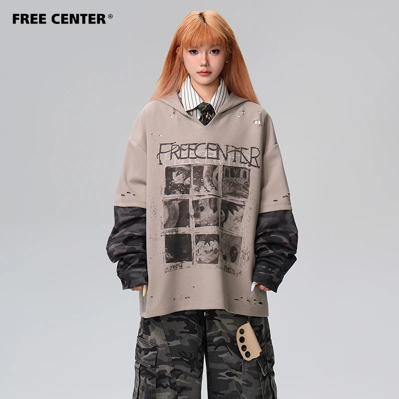 Free Center美式假两件迷彩拼接长袖T恤男女秋废土做旧磨破连帽衫