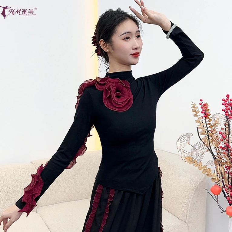 秋冬新款古典舞练功服成人女上衣长袖半高圆领现代舞广场舞表演服